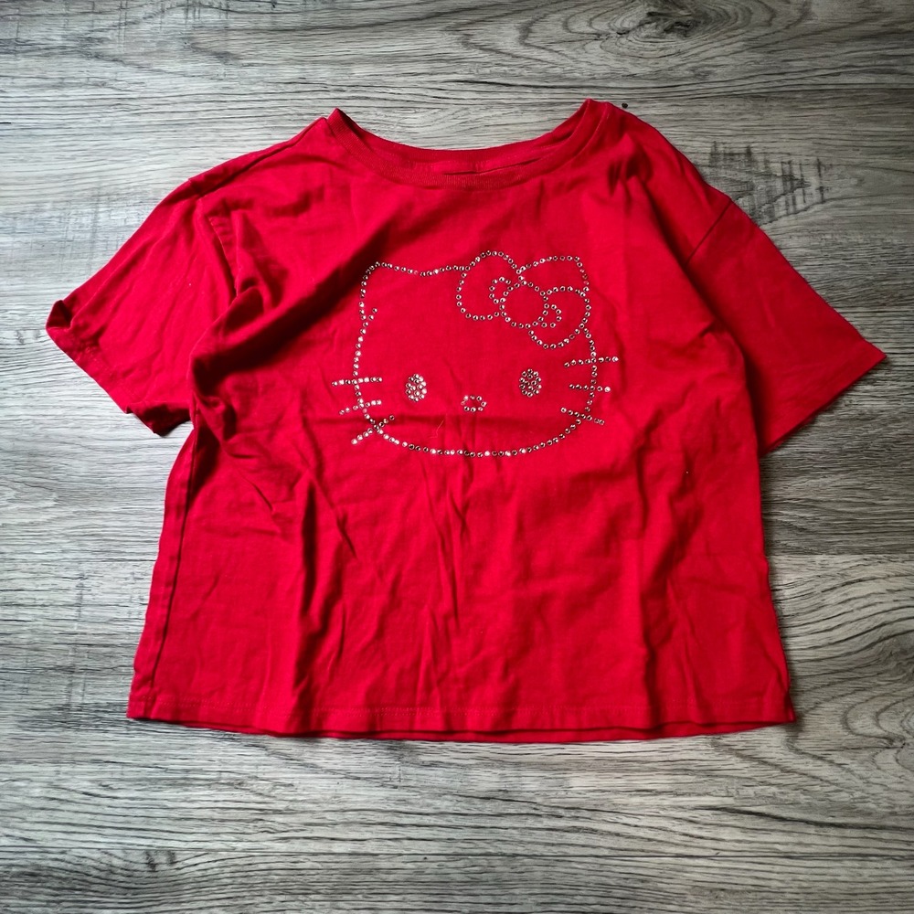 Sanrio Hello Kitty T-Shirt Girls XL 14 Red Rhinestone Graphic Tee Y2K Bling